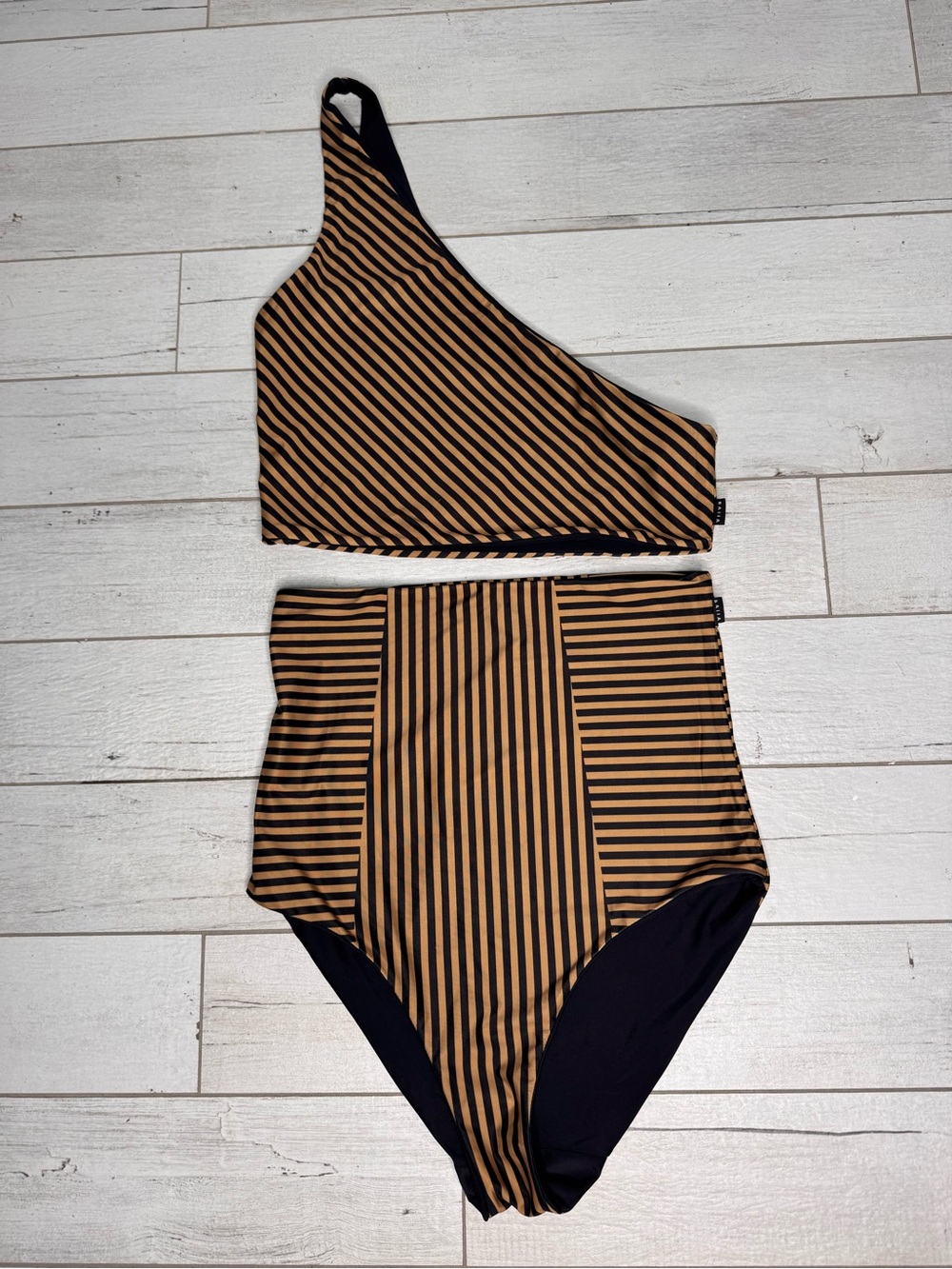 BAIIA Reversible Bikini Set Tan Black Striped One Shoulder High Waist Sz 8 Swim